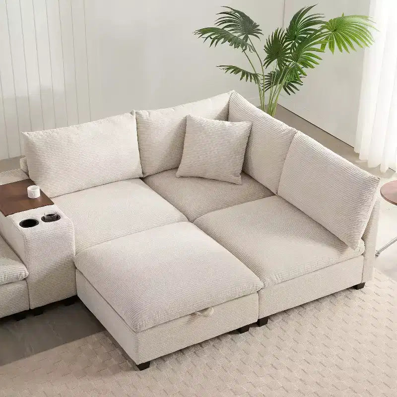 Divano componibile Whisen Chenille e set divano Comfy Cloud con tavolino a scomparsa, portabicchieri e bracciolo contenitore