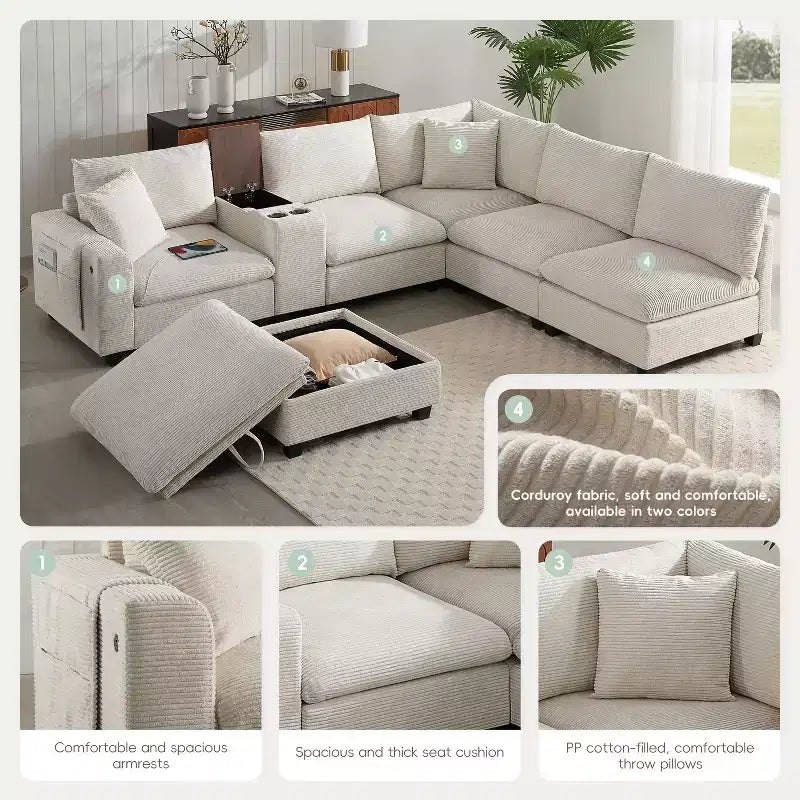 Divano componibile Whisen Chenille e set divano Comfy Cloud con tavolino a scomparsa, portabicchieri e bracciolo contenitore