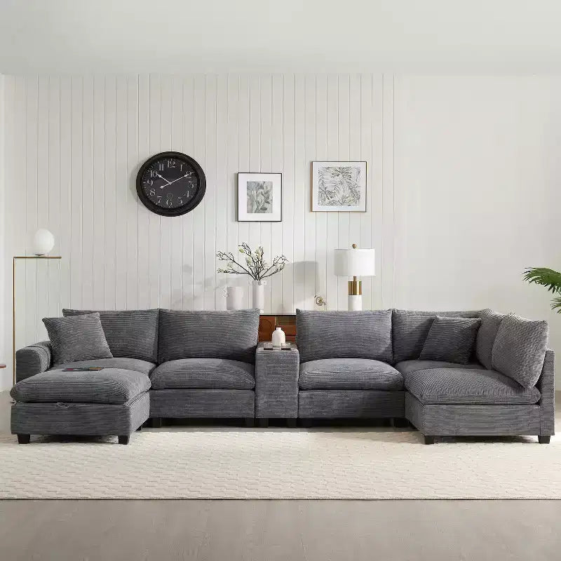 Divano componibile Whisen Chenille e set divano Comfy Cloud con tavolino a scomparsa, portabicchieri e bracciolo contenitore