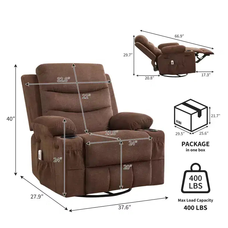 Poltrona Reclinabile Girevole con Funzione Dondolo, Dimensioni Grandi, con Portabicchieri, Tasche Laterali e Frontali, Divano Ergonomico, Supporta 180 kg, per Soggiorno, Camera da Letto