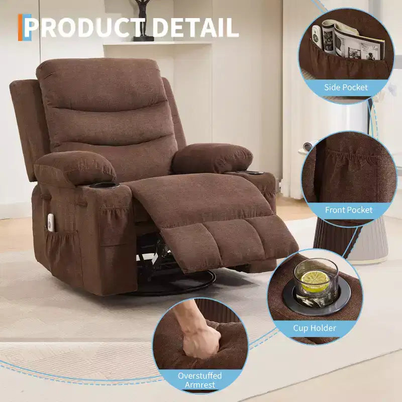 Poltrona Reclinabile Girevole con Funzione Dondolo, Dimensioni Grandi, con Portabicchieri, Tasche Laterali e Frontali, Divano Ergonomico, Supporta 180 kg, per Soggiorno, Camera da Letto