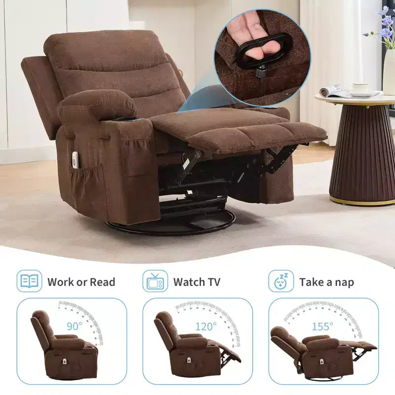 Poltrona Reclinabile Girevole con Funzione Dondolo, Dimensioni Grandi, con Portabicchieri, Tasche Laterali e Frontali, Divano Ergonomico, Supporta 180 kg, per Soggiorno, Camera da Letto