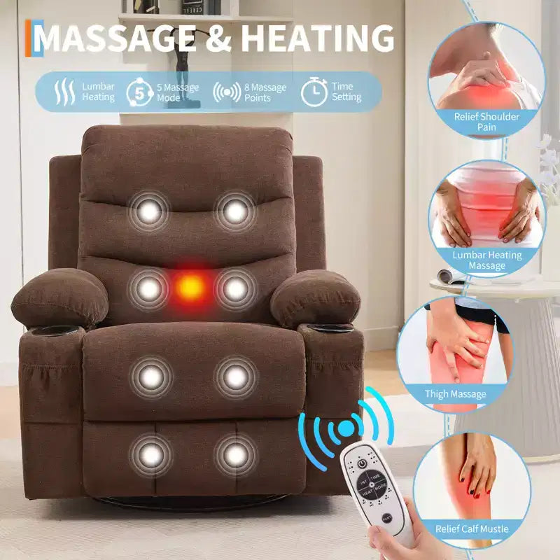 Poltrona Reclinabile Girevole con Funzione Dondolo, Dimensioni Grandi, con Portabicchieri, Tasche Laterali e Frontali, Divano Ergonomico, Supporta 180 kg, per Soggiorno, Camera da Letto