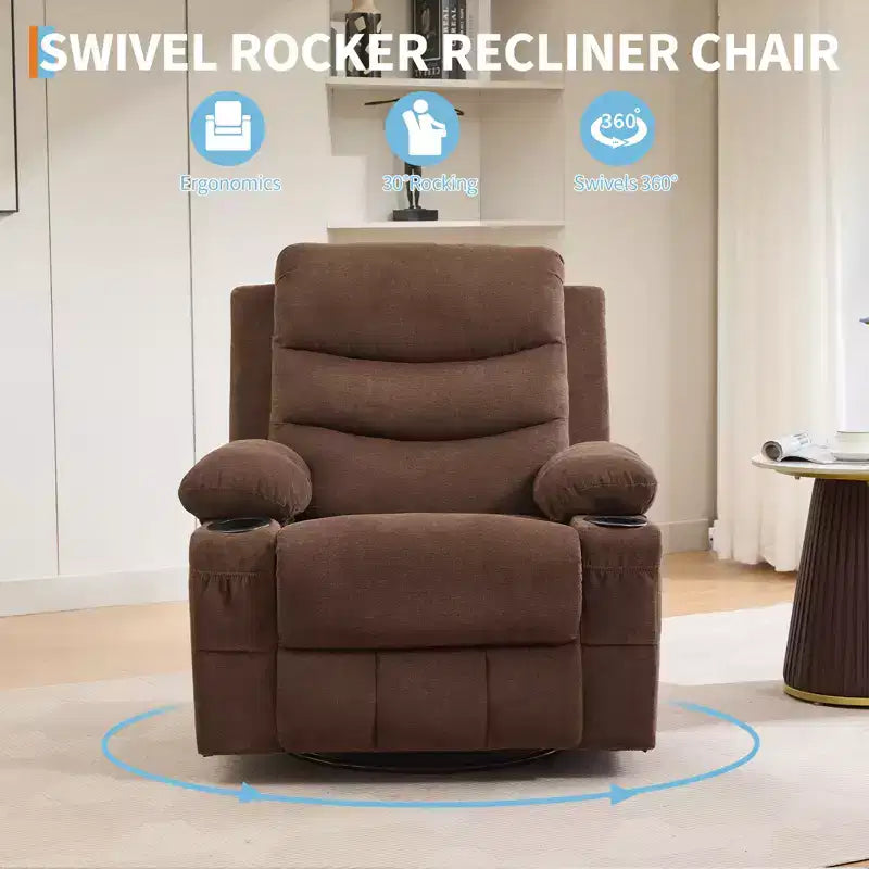 Poltrona Reclinabile Girevole con Funzione Dondolo, Dimensioni Grandi, con Portabicchieri, Tasche Laterali e Frontali, Divano Ergonomico, Supporta 180 kg, per Soggiorno, Camera da Letto