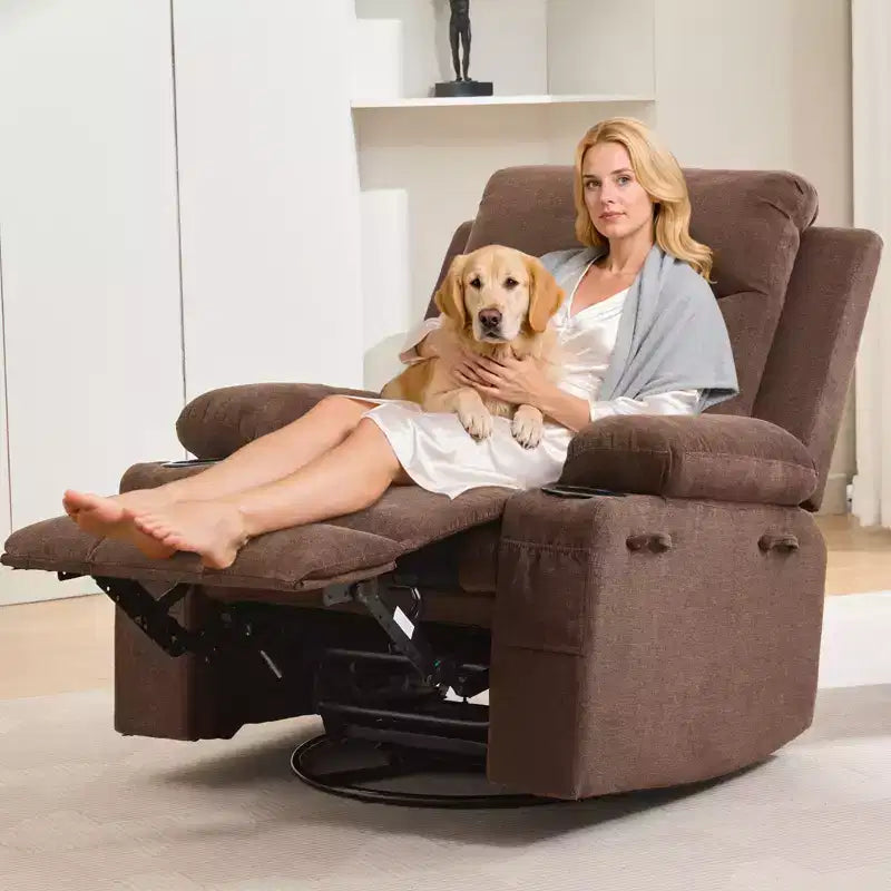 Poltrona Reclinabile Girevole con Funzione Dondolo, Dimensioni Grandi, con Portabicchieri, Tasche Laterali e Frontali, Divano Ergonomico, Supporta 180 kg, per Soggiorno, Camera da Letto