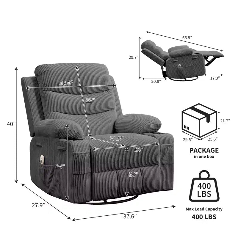 Poltrona Reclinabile Girevole con Funzione Dondolo, Dimensioni Grandi, con Portabicchieri, Tasche Laterali e Frontali, Divano Ergonomico, Supporta 180 kg, per Soggiorno, Camera da Letto