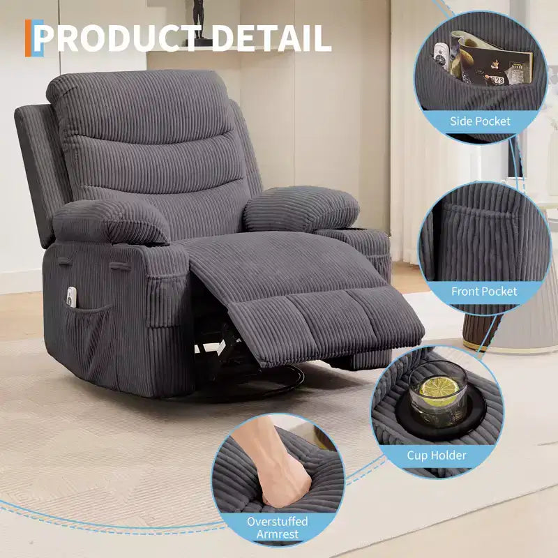 Poltrona Reclinabile Girevole con Funzione Dondolo, Dimensioni Grandi, con Portabicchieri, Tasche Laterali e Frontali, Divano Ergonomico, Supporta 180 kg, per Soggiorno, Camera da Letto