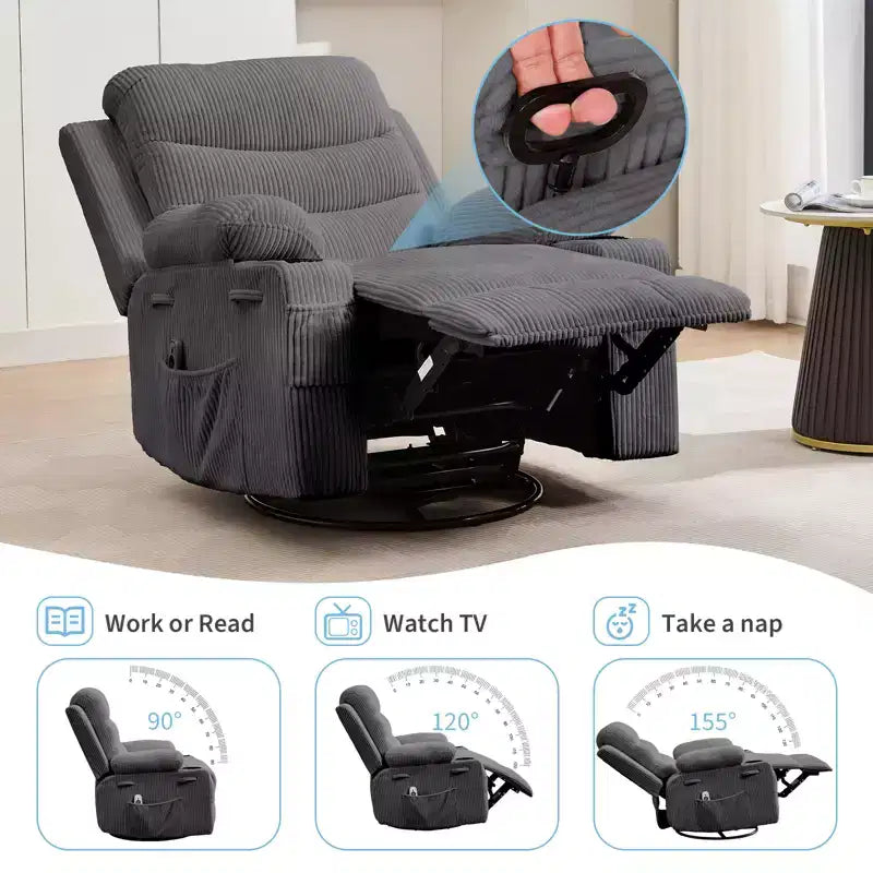 Poltrona Reclinabile Girevole con Funzione Dondolo, Dimensioni Grandi, con Portabicchieri, Tasche Laterali e Frontali, Divano Ergonomico, Supporta 180 kg, per Soggiorno, Camera da Letto