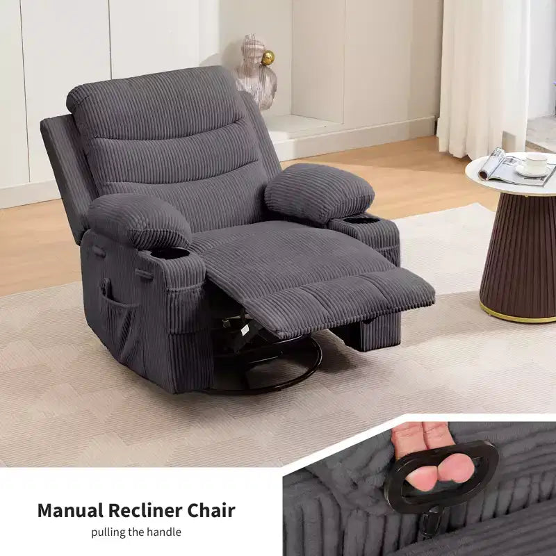 Poltrona Reclinabile Girevole con Funzione Dondolo, Dimensioni Grandi, con Portabicchieri, Tasche Laterali e Frontali, Divano Ergonomico, Supporta 180 kg, per Soggiorno, Camera da Letto