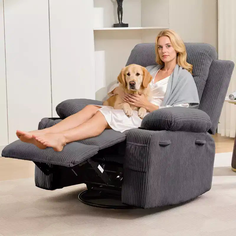 Poltrona Reclinabile Girevole con Funzione Dondolo, Dimensioni Grandi, con Portabicchieri, Tasche Laterali e Frontali, Divano Ergonomico, Supporta 180 kg, per Soggiorno, Camera da Letto