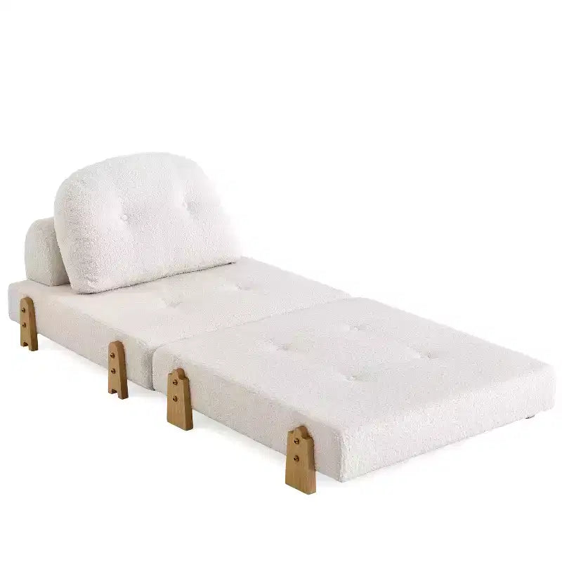 ModernLuxe Divano Letto Convertibile in Tessuto Teddy, Poltrona Ottomana Pieghevole Trapuntata con Cuscino e Gambe in Legno Massello, Beige