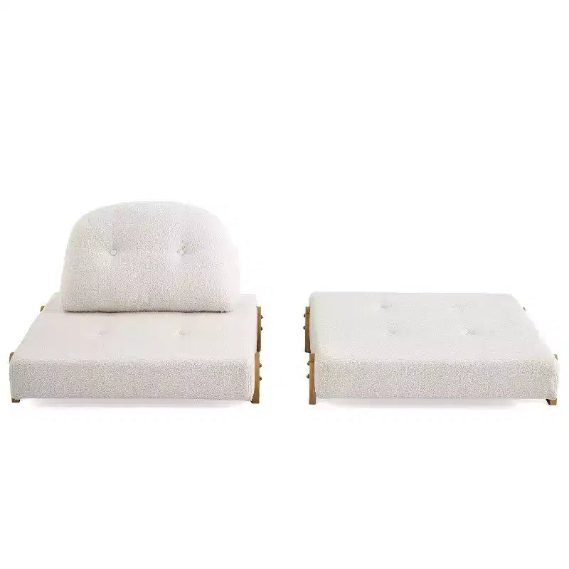 ModernLuxe Divano Letto Convertibile in Tessuto Teddy, Poltrona Ottomana Pieghevole Trapuntata con Cuscino e Gambe in Legno Massello, Beige