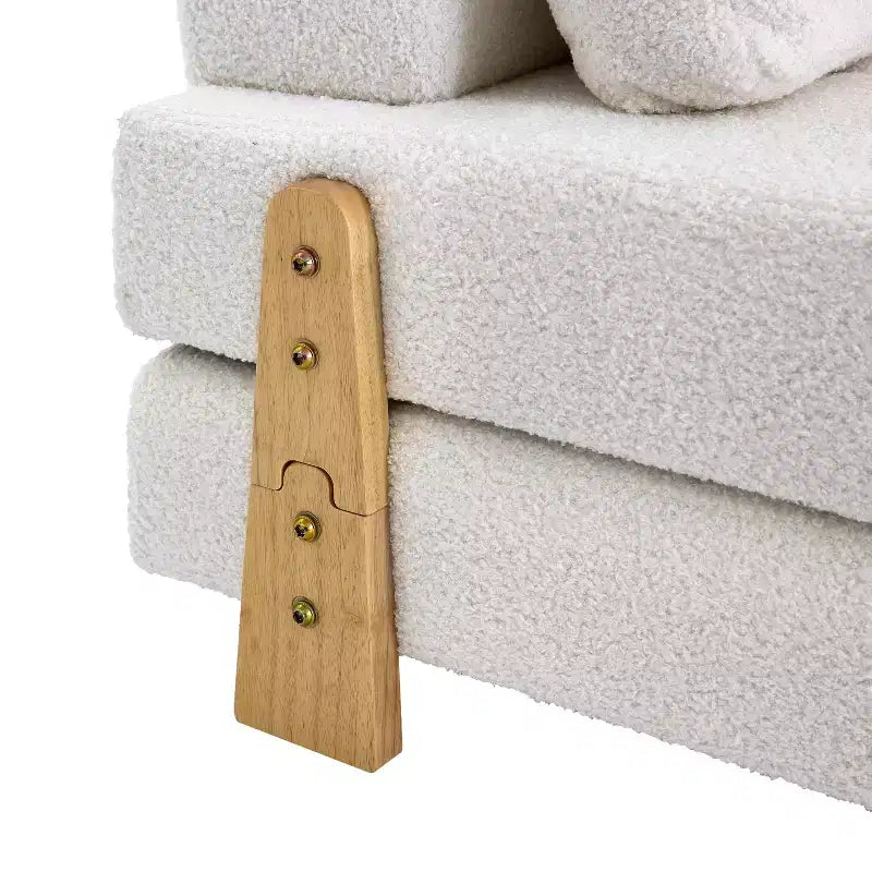 ModernLuxe Divano Letto Convertibile in Tessuto Teddy, Poltrona Ottomana Pieghevole Trapuntata con Cuscino e Gambe in Legno Massello, Beige