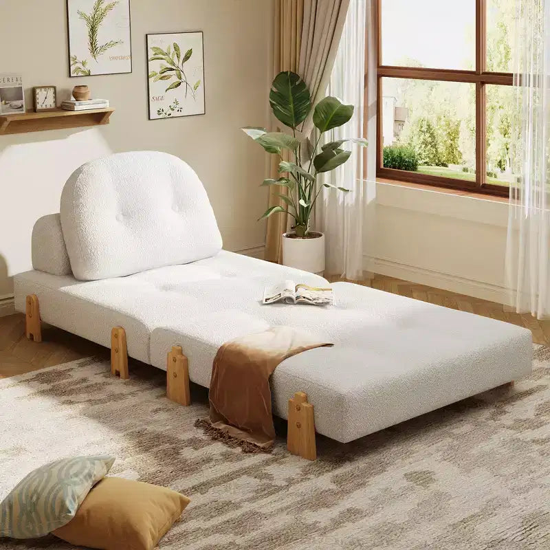 ModernLuxe Divano Letto Convertibile in Tessuto Teddy, Poltrona Ottomana Pieghevole Trapuntata con Cuscino e Gambe in Legno Massello, Beige