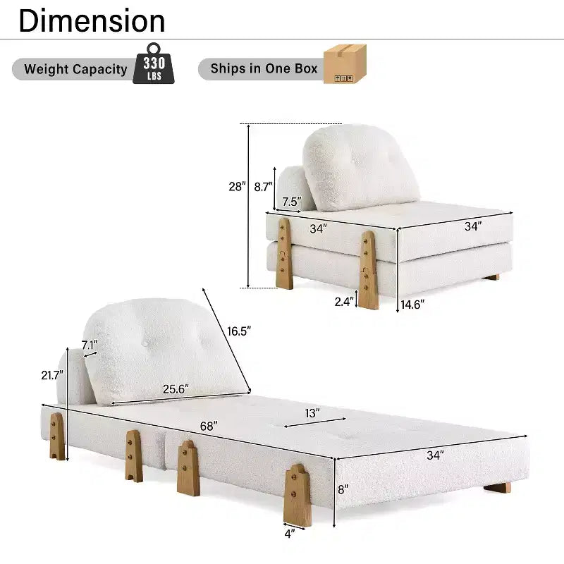 ModernLuxe Divano Letto Convertibile in Tessuto Teddy, Poltrona Ottomana Pieghevole Trapuntata con Cuscino e Gambe in Legno Massello, Beige
