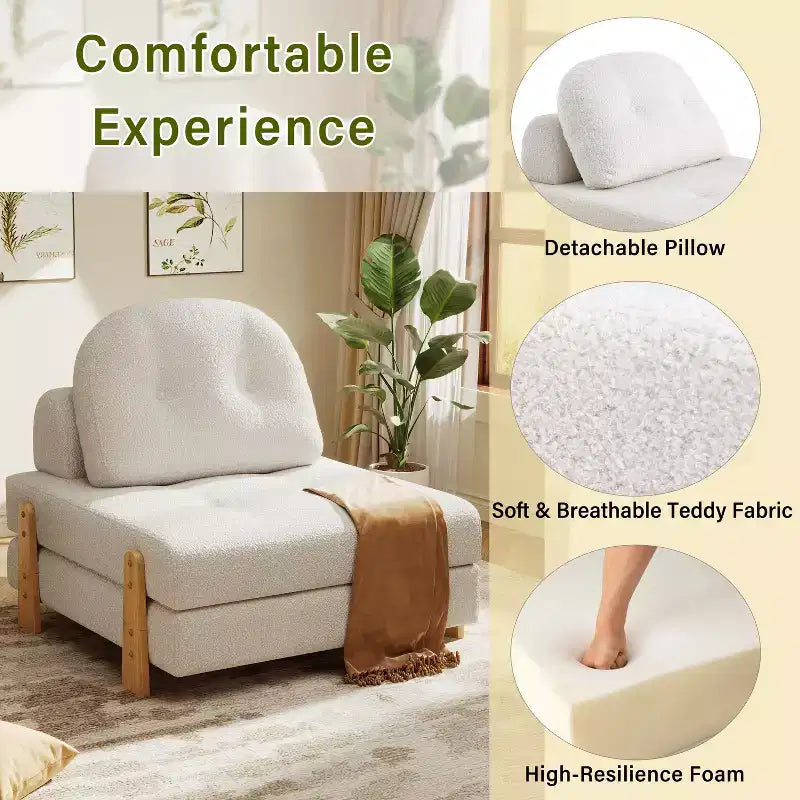 ModernLuxe Divano Letto Convertibile in Tessuto Teddy, Poltrona Ottomana Pieghevole Trapuntata con Cuscino e Gambe in Legno Massello, Beige