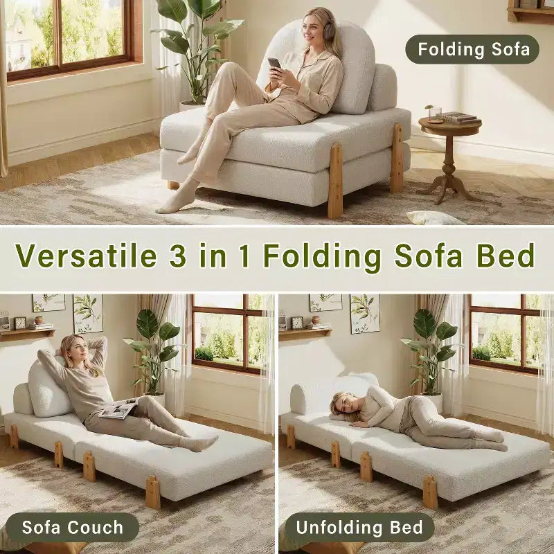 ModernLuxe Divano Letto Convertibile in Tessuto Teddy, Poltrona Ottomana Pieghevole Trapuntata con Cuscino e Gambe in Legno Massello, Beige