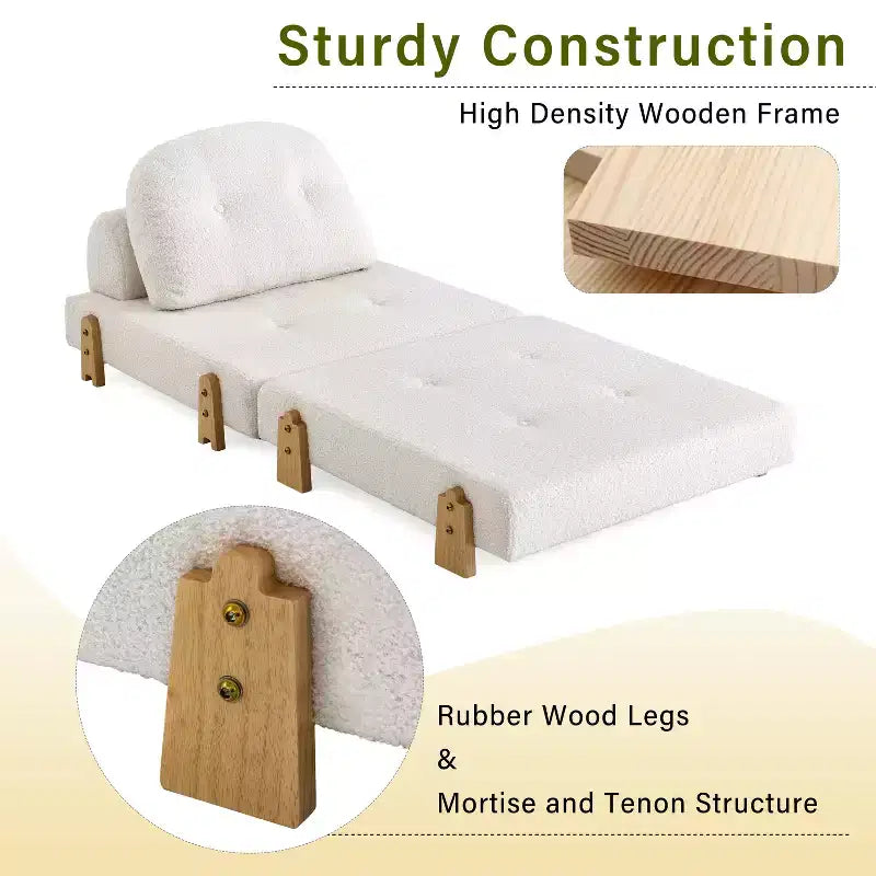 ModernLuxe Divano Letto Convertibile in Tessuto Teddy, Poltrona Ottomana Pieghevole Trapuntata con Cuscino e Gambe in Legno Massello, Beige