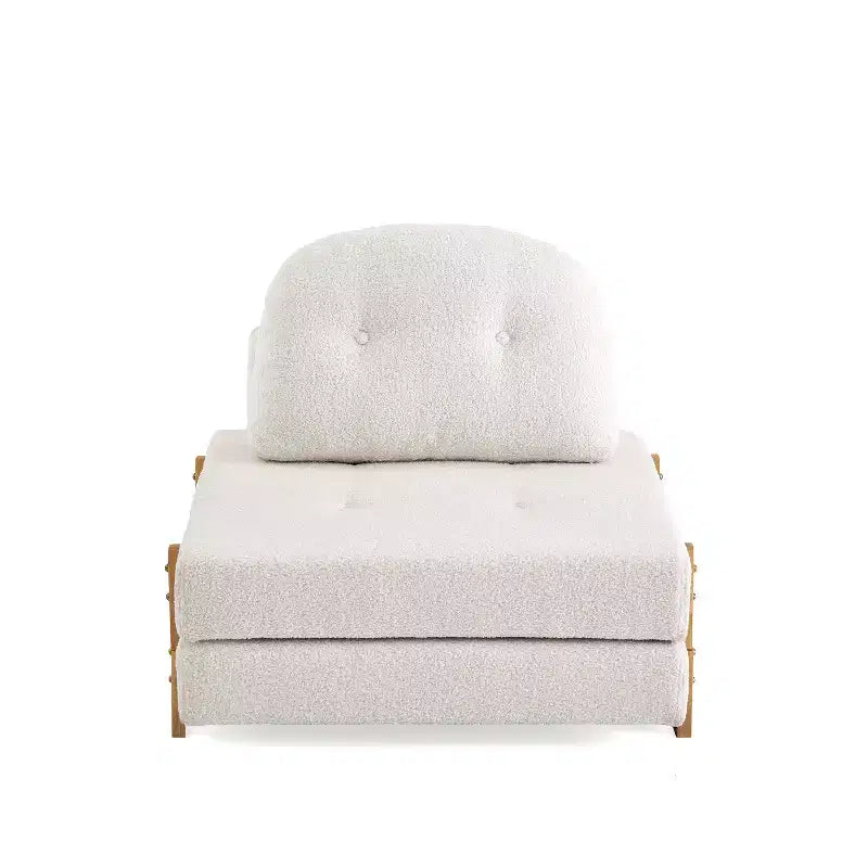 ModernLuxe Divano Letto Convertibile in Tessuto Teddy, Poltrona Ottomana Pieghevole Trapuntata con Cuscino e Gambe in Legno Massello, Beige