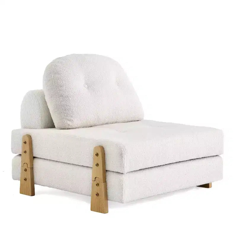 ModernLuxe Divano Letto Convertibile in Tessuto Teddy, Poltrona Ottomana Pieghevole Trapuntata con Cuscino e Gambe in Legno Massello, Beige