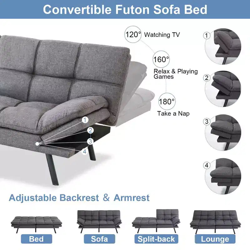 Divano Letto Futon Cabrio Dyonery 71, Comodo Divano Futon, Divano Letto Reclinabile in Memory Foam per Soggiorno, Ufficio, Appartamento