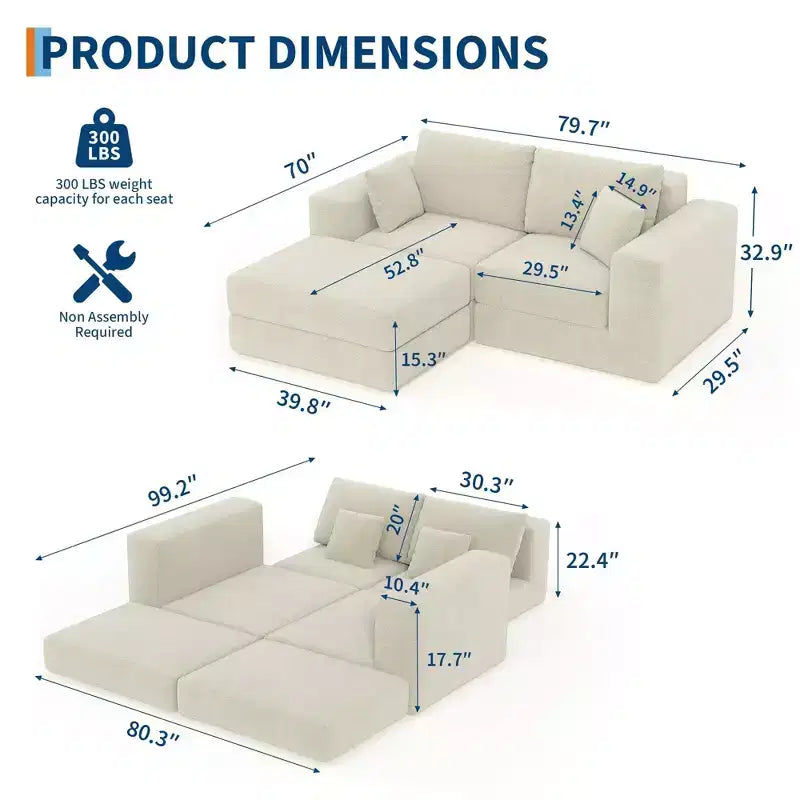 Canapé-lit modulaire 80 cm, sans assemblage, en tissu bouclette/velours côtelé, méridienne réversible en L, assise profonde antidérapante