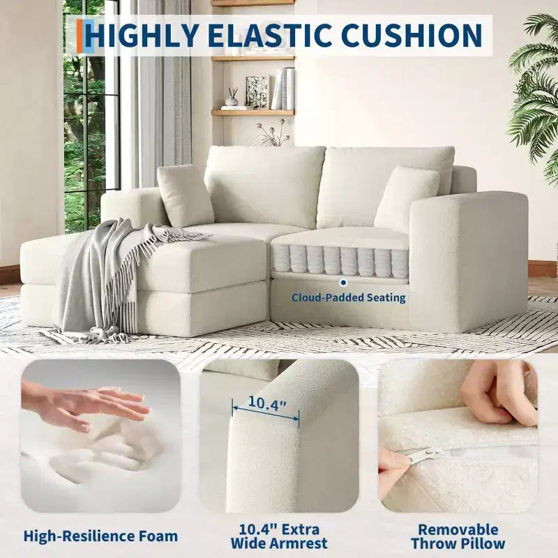 Canapé-lit modulaire 80 cm, sans assemblage, en tissu bouclette/velours côtelé, méridienne réversible en L, assise profonde antidérapante