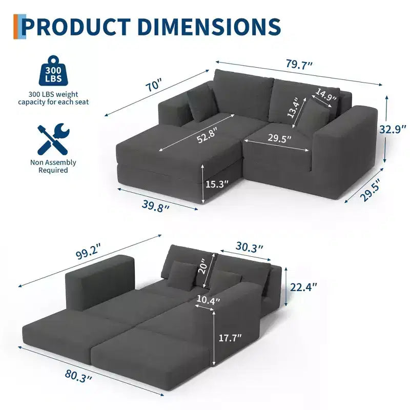 Divano letto componibile a 80 moduli, divano a nuvola senza struttura e senza montaggio con chaise longue a L reversibile, dormeuse in ciniglia/velluto a coste con seduta profonda antiscivolo