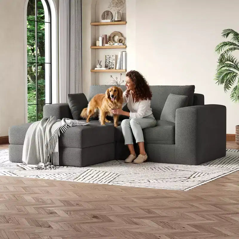 80 Modular Sectional Loveseat Sofa Bed, No-Assembly Boneless Cloud Couch with Reversible l-Shape Chaise, Non-Slip Deep Seat Chenille/Corduroy Sleeper