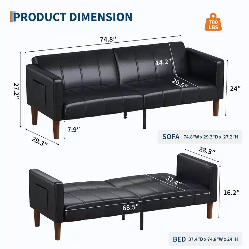 Divano Letto Convertibile Moderno in Ecopelle, Divanetto a 3 Posti con Funzione Letto Stile Metà Secolo per Piccoli Spazi