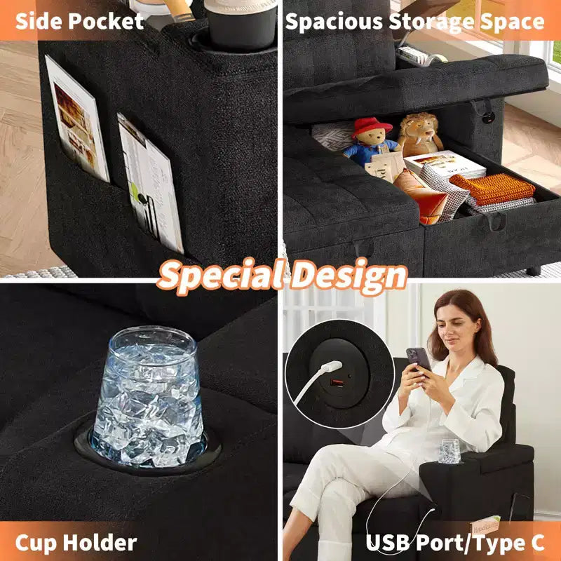 Canapé-lit d'angle en L de 84 po – Méridienne de rangement réversible avec ports USB et porte-gobelets – Noir