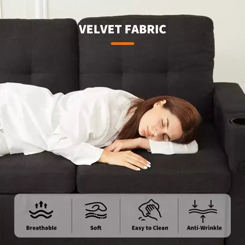 Canapé-lit d'angle en L de 84 po – Méridienne de rangement réversible avec ports USB et porte-gobelets – Noir