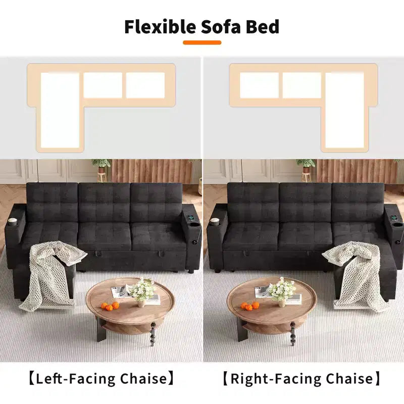 Canapé-lit d'angle en L de 84 po – Méridienne de rangement réversible avec ports USB et porte-gobelets – Noir