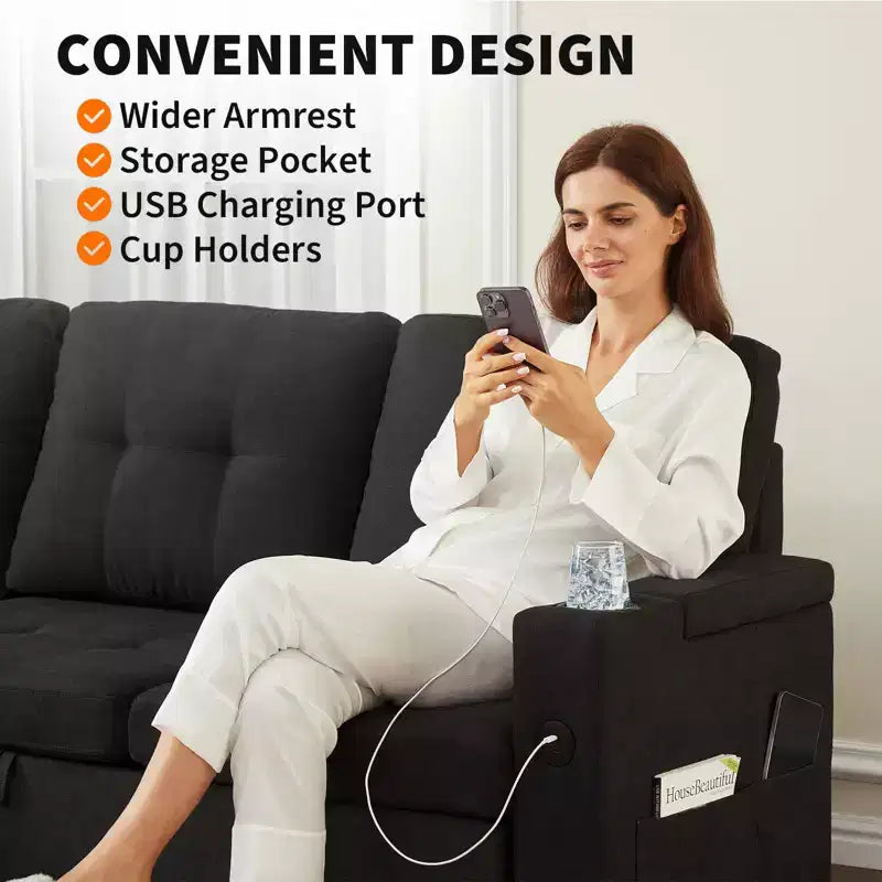 Canapé-lit d'angle en L de 84 po – Méridienne de rangement réversible avec ports USB et porte-gobelets – Noir