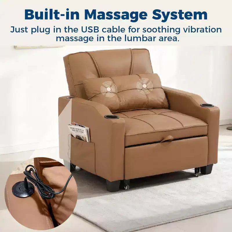 Divano Letto Convertibile 4 in 1 con Cuscino Massaggiante - USB/Type-C e Portabicchieri per Piccoli Spazi