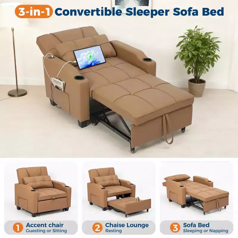 Divano Letto Convertibile 4 in 1 con Cuscino Massaggiante - USB/Type-C e Portabicchieri per Piccoli Spazi
