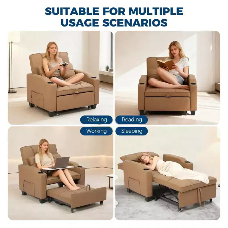 Divano Letto Convertibile 4 in 1 con Cuscino Massaggiante - USB/Type-C e Portabicchieri per Piccoli Spazi