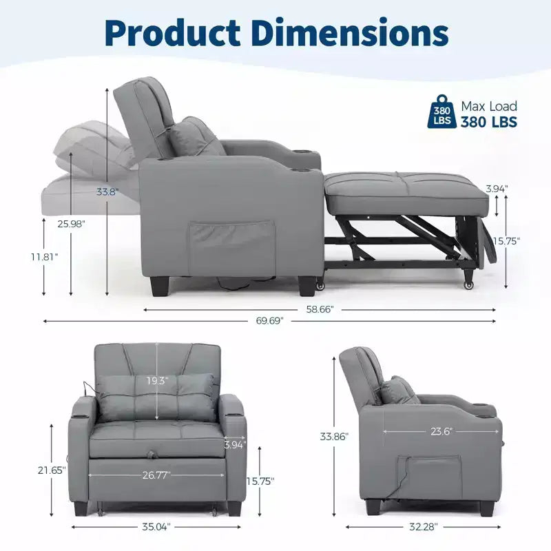 Divano Letto Convertibile 4 in 1 con Cuscino Massaggiante - USB/Type-C e Portabicchieri per Piccoli Spazi