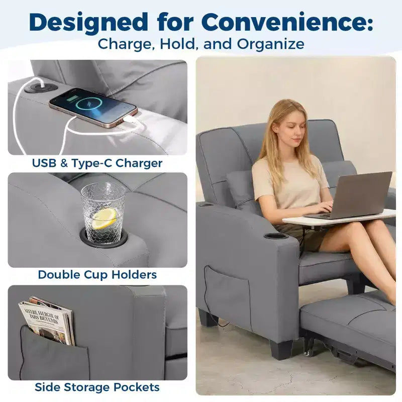 Divano Letto Convertibile 4 in 1 con Cuscino Massaggiante - USB/Type-C e Portabicchieri per Piccoli Spazi