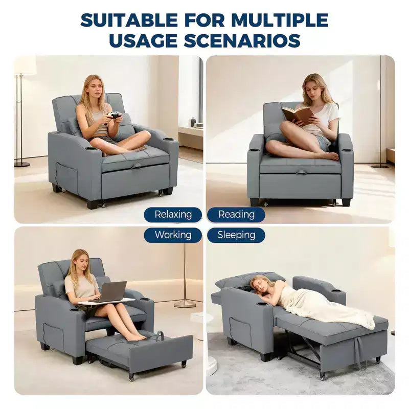Divano Letto Convertibile 4 in 1 con Cuscino Massaggiante - USB/Type-C e Portabicchieri per Piccoli Spazi