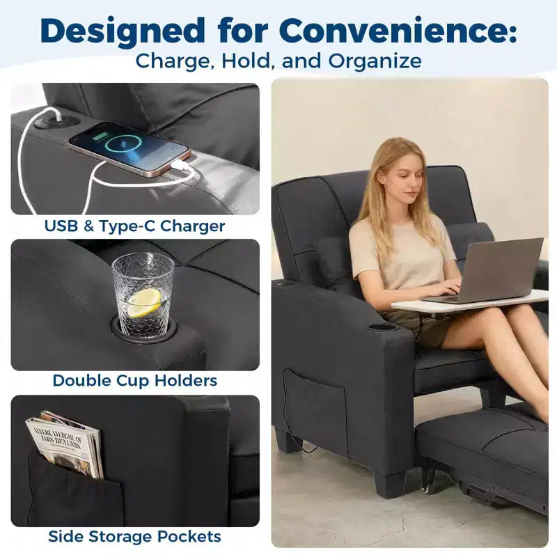 Divano Letto Convertibile 4 in 1 con Cuscino Massaggiante - USB/Type-C e Portabicchieri per Piccoli Spazi