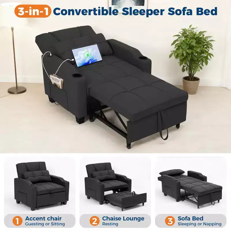 Divano Letto Convertibile 4 in 1 con Cuscino Massaggiante - USB/Type-C e Portabicchieri per Piccoli Spazi