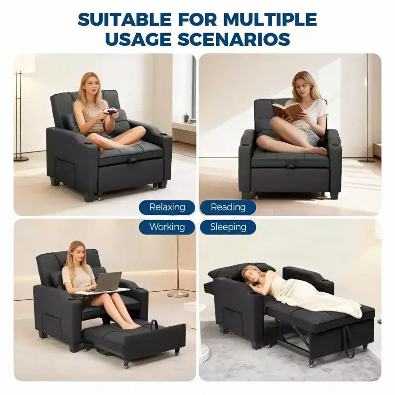 Divano Letto Convertibile 4 in 1 con Cuscino Massaggiante - USB/Type-C e Portabicchieri per Piccoli Spazi