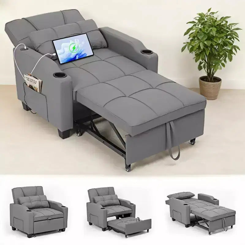Divano Letto Convertibile 4 in 1 con Cuscino Massaggiante - USB/Type-C e Portabicchieri per Piccoli Spazi