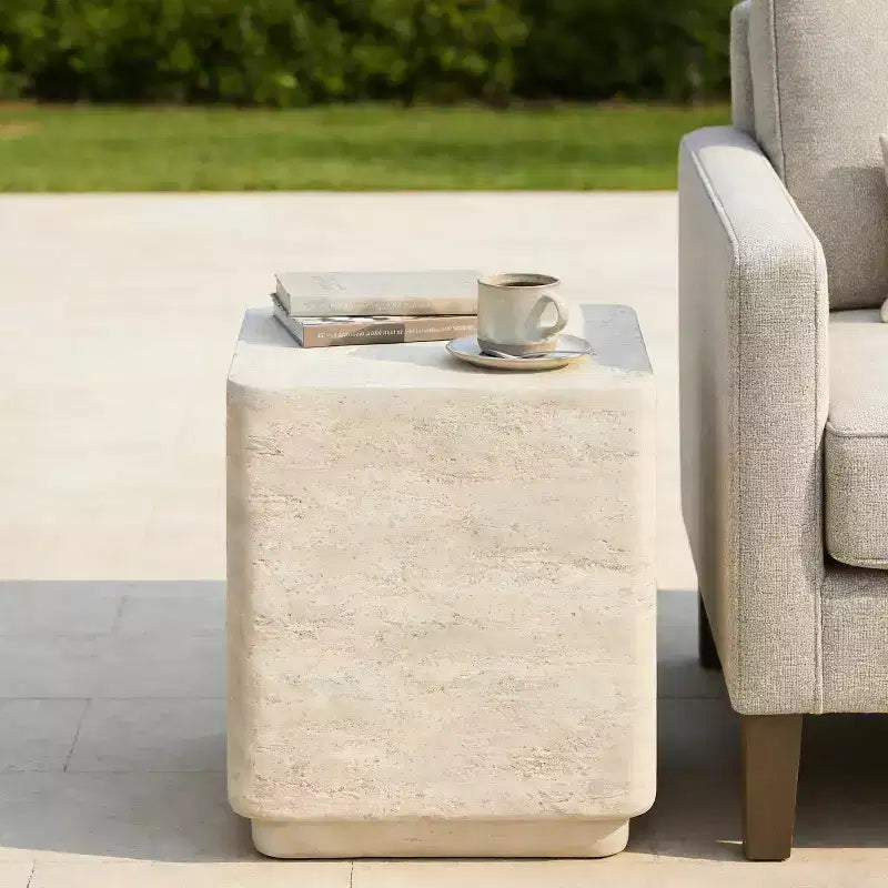 ModernLuxe Square Travertine Side Table, Lightweight MGO Outdoor Patio End Table with Safe Rounded Edges, Beige