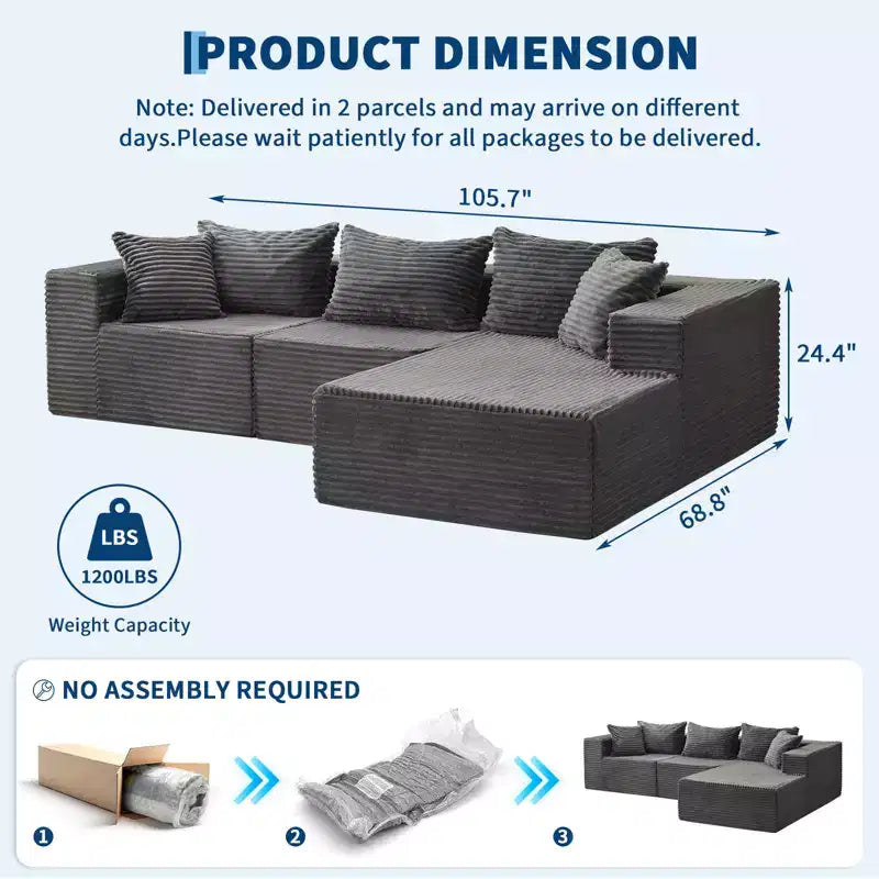 Divano Sezionale Modulare Cloud Accogliente e Spazioso 106 a L con Chaise, Comodo Design Senza Struttura, Nessun Assemblaggio Richiesto, per Soggiorno Moderno