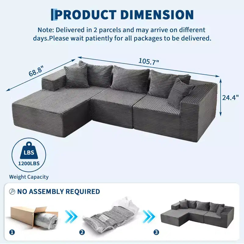 Divano Sezionale Modulare Cloud Accogliente e Spazioso 106 a L con Chaise, Comodo Design Senza Struttura, Nessun Assemblaggio Richiesto, per Soggiorno Moderno