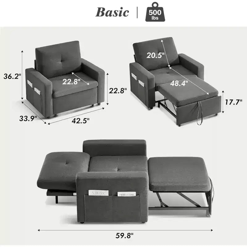 Dyonery 42,5 Pollici Sedia Letto Trasformabile 3-in-1 Divano Letto Estraibile con Schienale Regolabile e Tasche Laterali per Piccoli Spazi