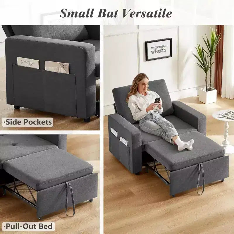 Dyonery 42,5 Pollici Sedia Letto Trasformabile 3-in-1 Divano Letto Estraibile con Schienale Regolabile e Tasche Laterali per Piccoli Spazi