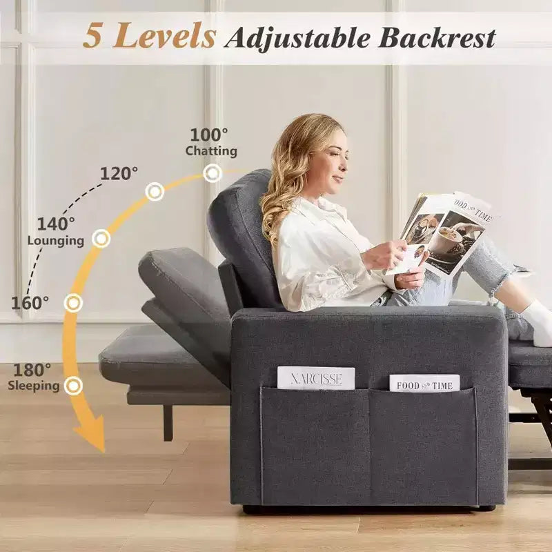 Dyonery 42,5 Pollici Sedia Letto Trasformabile 3-in-1 Divano Letto Estraibile con Schienale Regolabile e Tasche Laterali per Piccoli Spazi